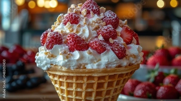 Obraz Waffle Cone with Whipped Cream, Strawberries, and Crumble