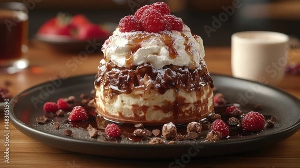 Obraz Waffle Stack with Raspberries and Cream on Black Plate