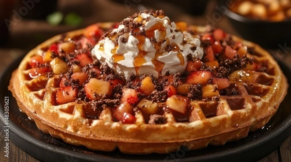 Obraz Waffle with Fruit, Chocolate, Whipped Cream and Syrup