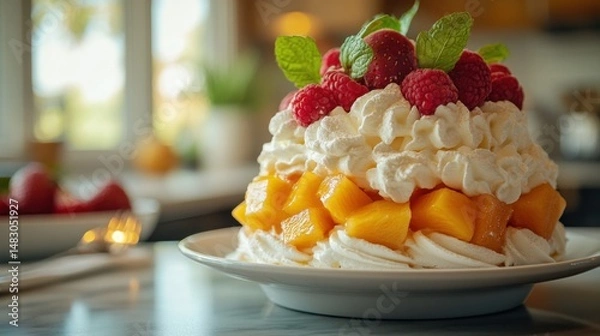 Obraz Whipped Cream Dessert with Mango and Berries on a Plate