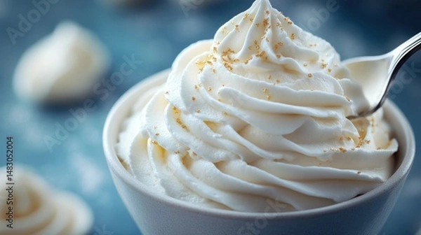 Obraz Whipped Cream in Bowl with Spoon and Gold Flakes