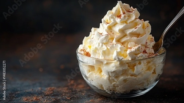 Obraz Whipped Cream in Glass Bowl with Spoon and Cinnamon
