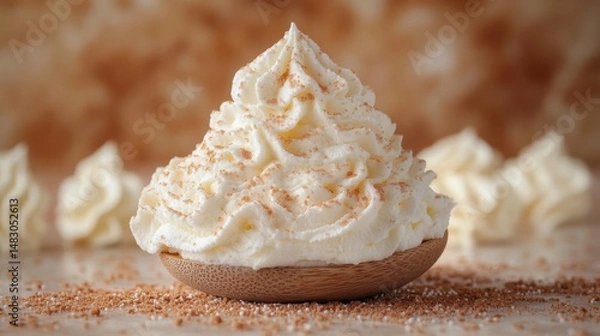 Obraz Whipped Cream in Wooden Bowl with Powdered Topping