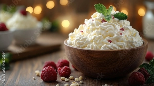 Obraz Whipped Cream in Wooden Bowl with Raspberries and Mint
