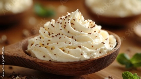 Obraz Whipped Cream with Chocolate Shavings in a Wooden Spoon
