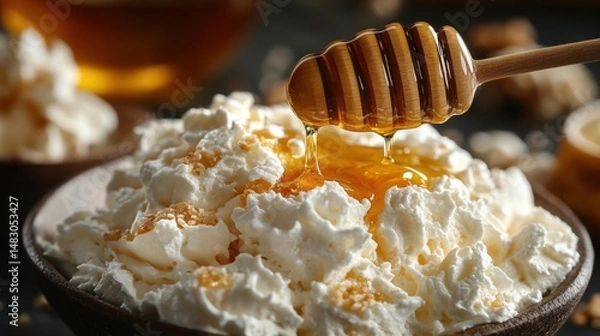 Obraz White Food Topped with Honey Drizzled From Dipper in Brown Bowl