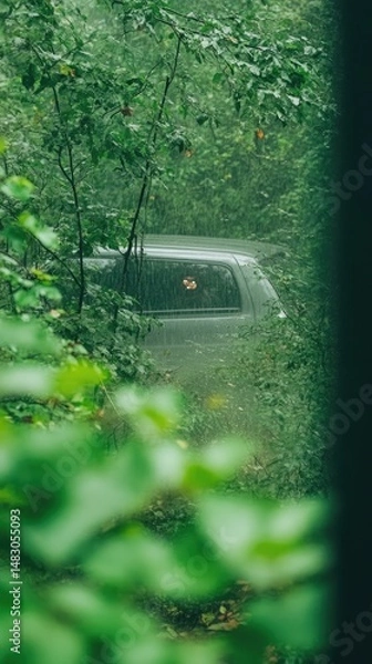 Fototapeta Car through lush greens, foliage, and branches in a misty setting, rain on the vehicle