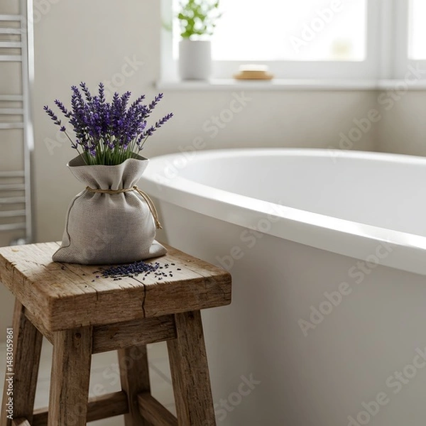 Obraz Lavender sachet on wooden stool by modern bathtub, neutral spa design