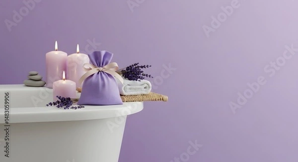 Obraz Lavender sachet with ribbon and candles on tub ledge, minimalist spa