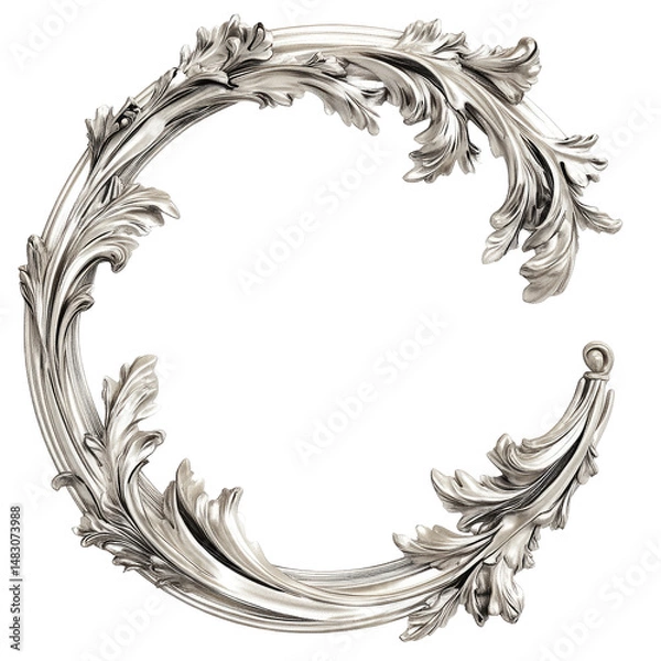 Fototapeta Ornate circular silver leaf design with detailed texture isolated against transparent background elegant artistic element.