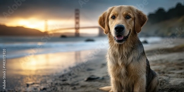 Fototapeta Golden retriever enjoying a sunset on the beach near a bridge in San Francisco with calm waves and soft sand