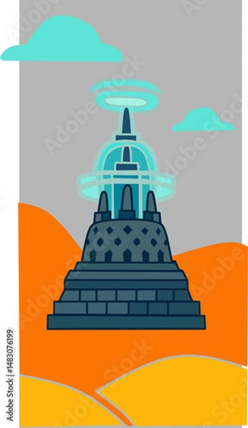 Fototapeta ship in the sea temple borobudur 