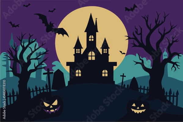 Obraz haunted house, spooky castle, full moon, bats, jack-o-lanterns, silhouetted trees, creepy atmosphere, dark gothic landscape, Halloween theme, digital art, fantasy illustration
