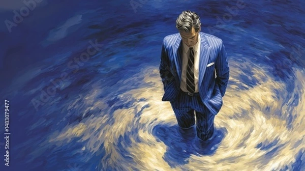 Obraz Series: Faces of Struggle — Man in Blue Suit Among Swirling Waters