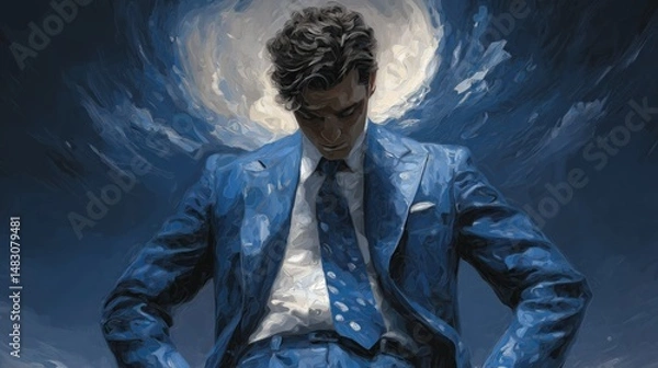 Obraz Series: Faces of Struggle — Man in Blue Suit Amidst Inner Turmoil