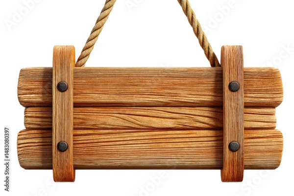 Obraz Wooden Sign Hanging: Rustic wooden sign hanging on a rope, perfect for adding a touch of vintage charm to your designs.  