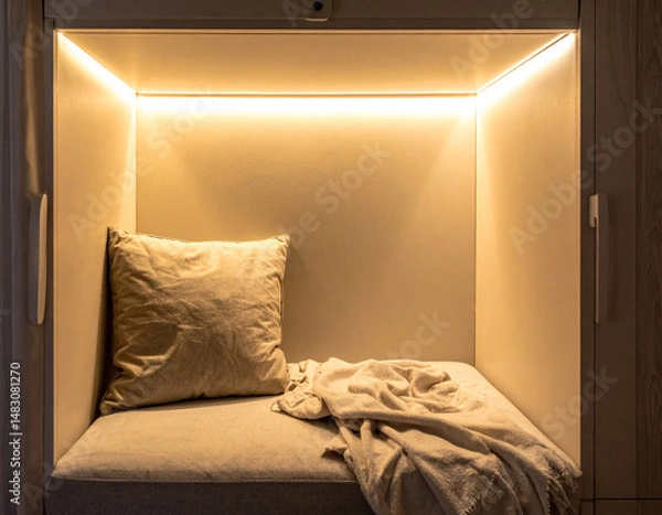 Fototapeta A cozy nook featuring a single pillow, soft blanket, and warm ambient lighting.