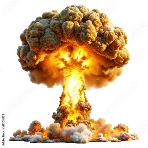 Obraz nuclear explosion blast with mushroom cloud isolated on transparent white background, clipping path