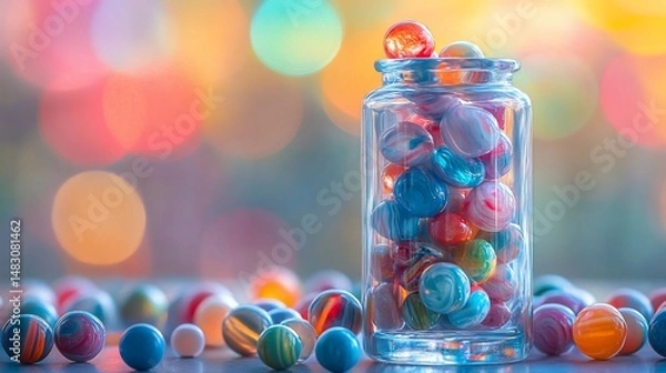 Fototapeta Colorful marbles in a glass jar
