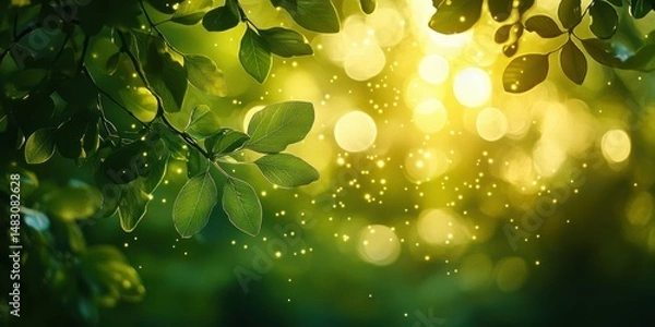 Obraz Golden sunlight filters through lush green leaves in a serene natural setting, creating a magical atmosphere during late afternoon