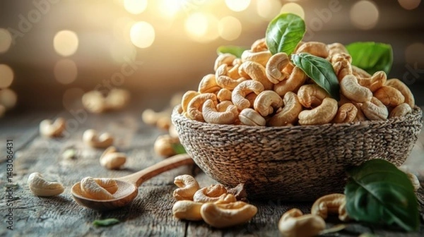 Fototapeta Roasted cashews in a bowl with basil leaves. (1)