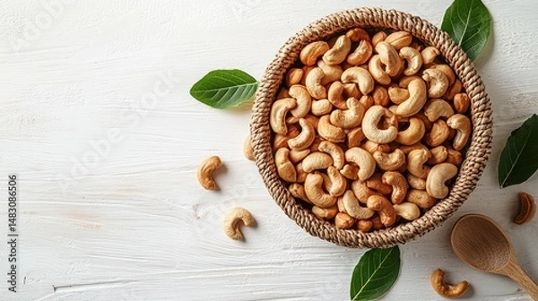 Fototapeta Roasted cashews in a bowl with leaves.