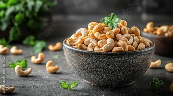 Fototapeta Roasted cashews in a bowl with mint.