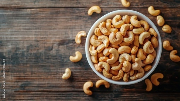Fototapeta Roasted cashews in a white bowl on a rustic wooden table.