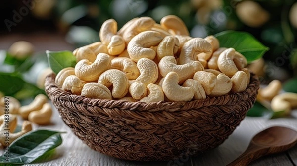 Fototapeta Roasted cashews in a wicker bowl with green leaves.