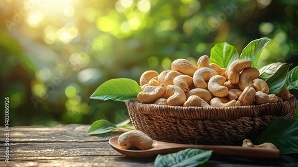 Fototapeta Roasted cashews in a wicker bowl with leaves on a wooden table.