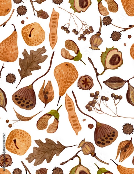 Fototapeta Seamless Autumn Botanical Pattern – Hand-Painted Gouache Leaves and Seeds - PNG - transparent background 