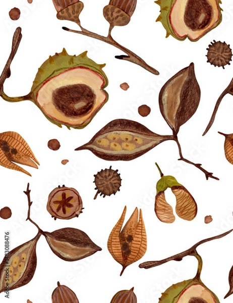 Fototapeta Seamless Autumn Botanical Pattern – Hand-Painted Gouache Leaves and Seeds - PNG - transparent background 