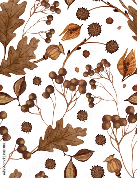 Fototapeta Seamless Autumn Botanical Pattern – Hand-Painted Gouache Leaves and Seeds - PNG - transparent background 