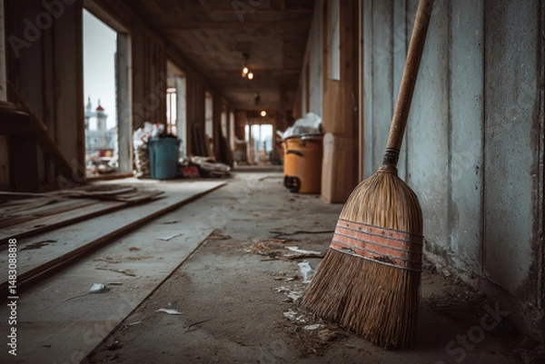 Fototapeta Broom on floor in abandoned building.