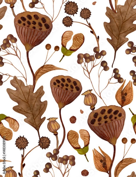 Fototapeta Seamless Autumn Botanical Pattern – Hand-Painted Gouache Leaves and Seeds - PNG - transparent background 