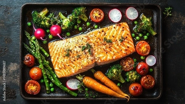 Fototapeta Roasted salmon fillet with assorted vegetables on a baking sheet.