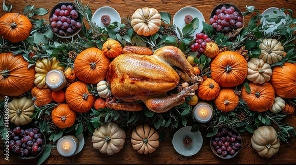 Obraz Roasted turkey centerpiece on rustic Thanksgiving table with pumpkins, grapes, and candles.