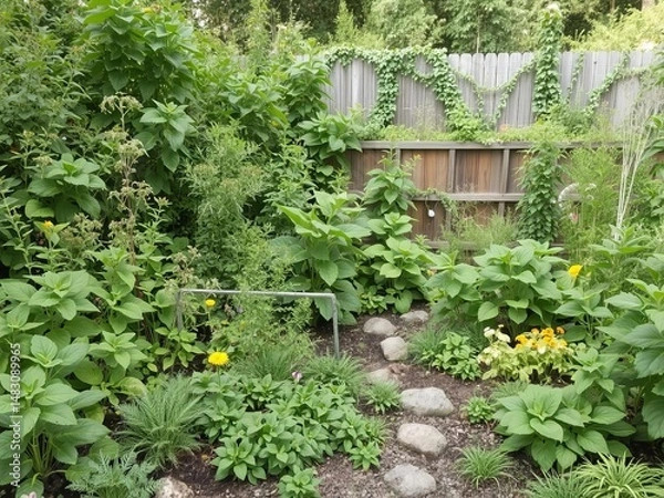 Fototapeta A lush permaculture garden with diverse plants and natural layout, Ai Generate.