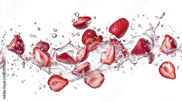 Obraz Fresh sliced sweet and delicious strawberries isolated on white background with juice splash