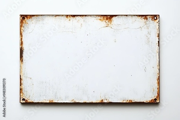 Obraz Rectangular white metal sign with rusty edges.  A blank, weathered sign, seemingly made of metal, displays a white surface with a noticeable rusty border.  Small signs of wear are visible