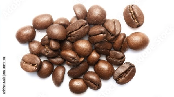 Fototapeta Close-up of scattered coffee beans on white background, showcasing rich brown color and textured surface, highlighting freshness and natural quality of roasted coffee beans for brewing.