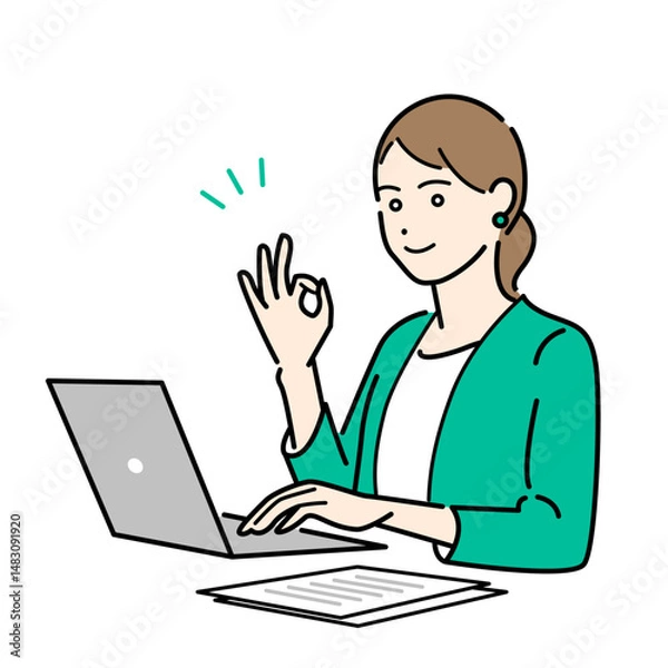 Obraz オッケーサインをしたパソコン作業中のビジネススーツ着用の女性のシンプルな上半身ベクターイラスト