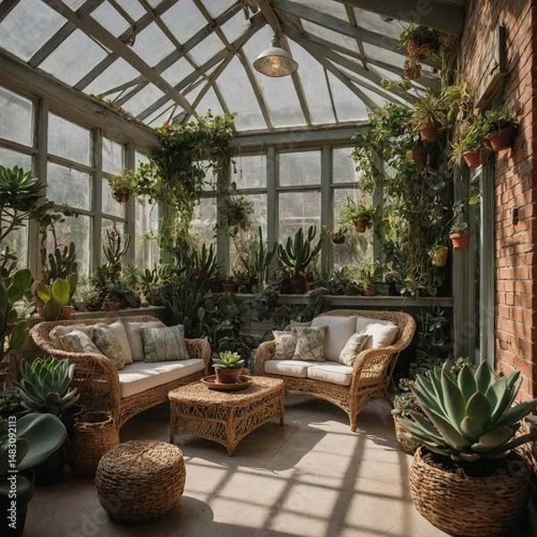Obraz Greenhouse-style sunroom with a succulent feature wall and wicker furniture.