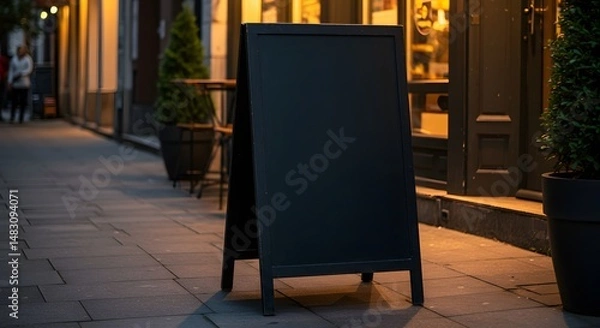 Obraz Freestanding Chalkboard Menu on Cozy Terrace with Lights
