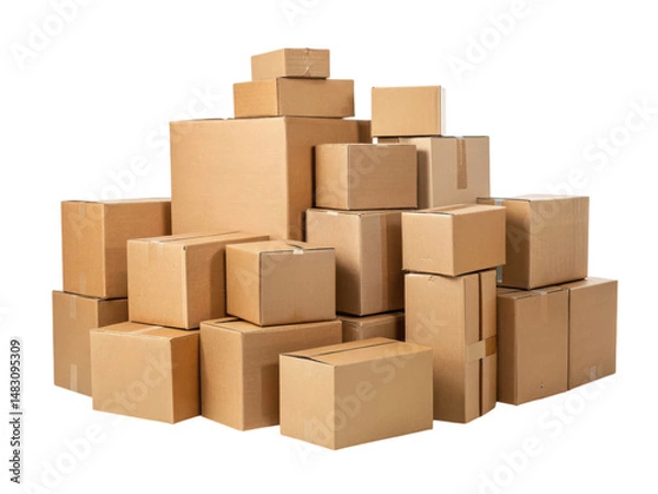 Fototapeta A stack of various-sized cardboard boxes arranged in a pile.