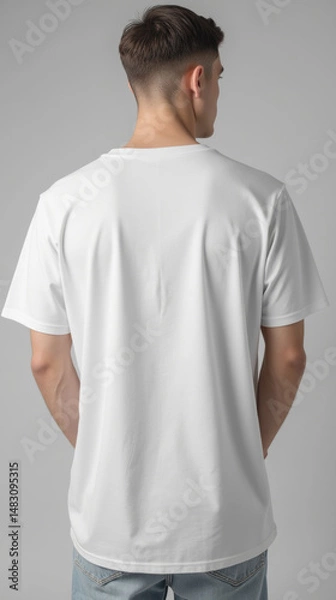 Obraz plain white t shirt worn by young man, showcasing simple and casual style. fabric appears soft and comfortable, ideal for everyday wear