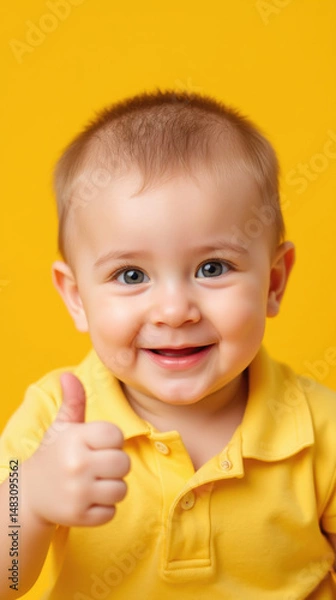Obraz Cheerful baby with thumbs up gesture, wearing yellow shirt against bright yellow background, radiating happiness and positivity