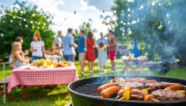 Fototapeta Lively summer backyard barbecue party with sizzling grills, burgers, hot dogs, laughter, lawn games, picnic tables with colorful salads, lemonade, string lights, and joyful friends and families