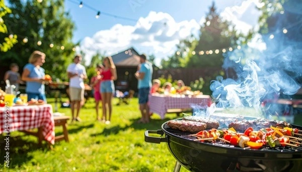 Fototapeta Lively summer backyard barbecue party with sizzling grills, burgers, hot dogs, laughter, lawn games, picnic tables with colorful salads, lemonade, string lights, and joyful friends and families