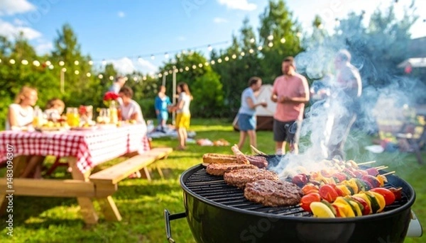 Fototapeta Lively summer backyard barbecue party with sizzling grills, burgers, hot dogs, laughter, lawn games, picnic tables with colorful salads, lemonade, string lights, and joyful friends and families